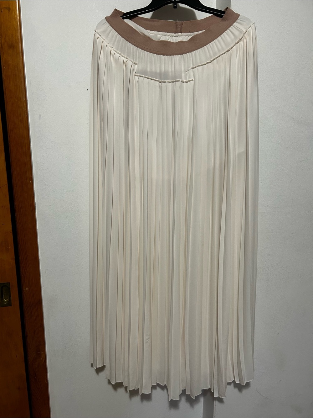 Cream Pleated Maxi Skirt with Tan Waistband